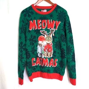 Party Sweater Green Red Meowy Catmas Ugly Christmas Sweater Size Extra Large